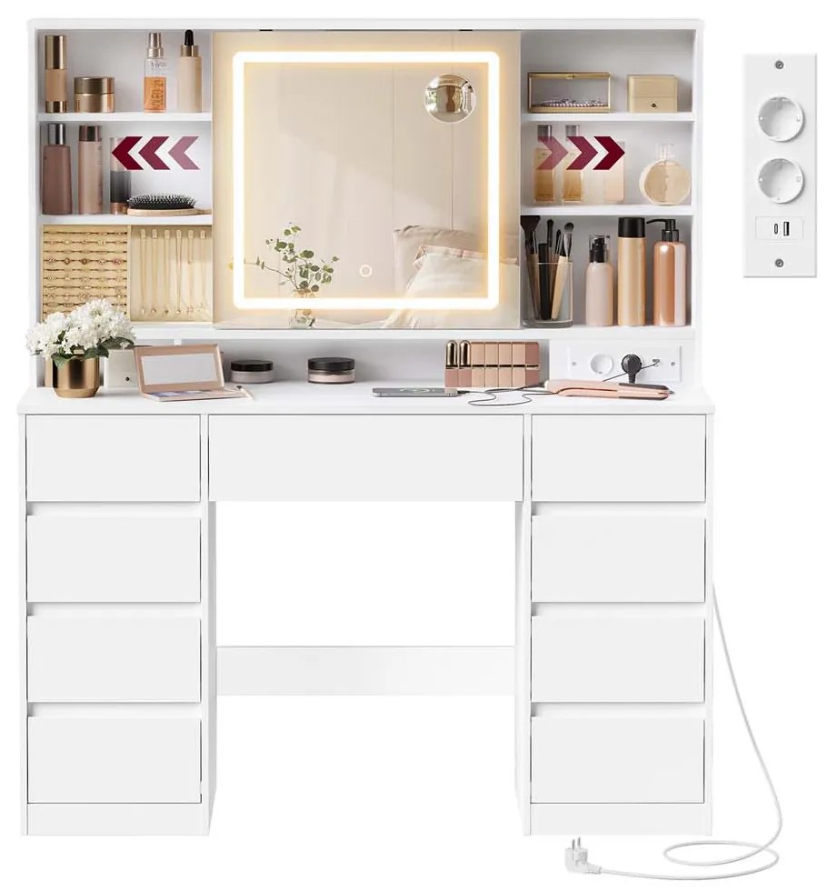 Toucador 40 x 110 x 141,5 cm com espelho LED (BANCO NÃO INCLUIDO), tomada e nove gavetas Branco