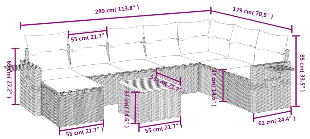 9 pcs conjunto de sofás p/ jardim c/ almofadões vime PE preto