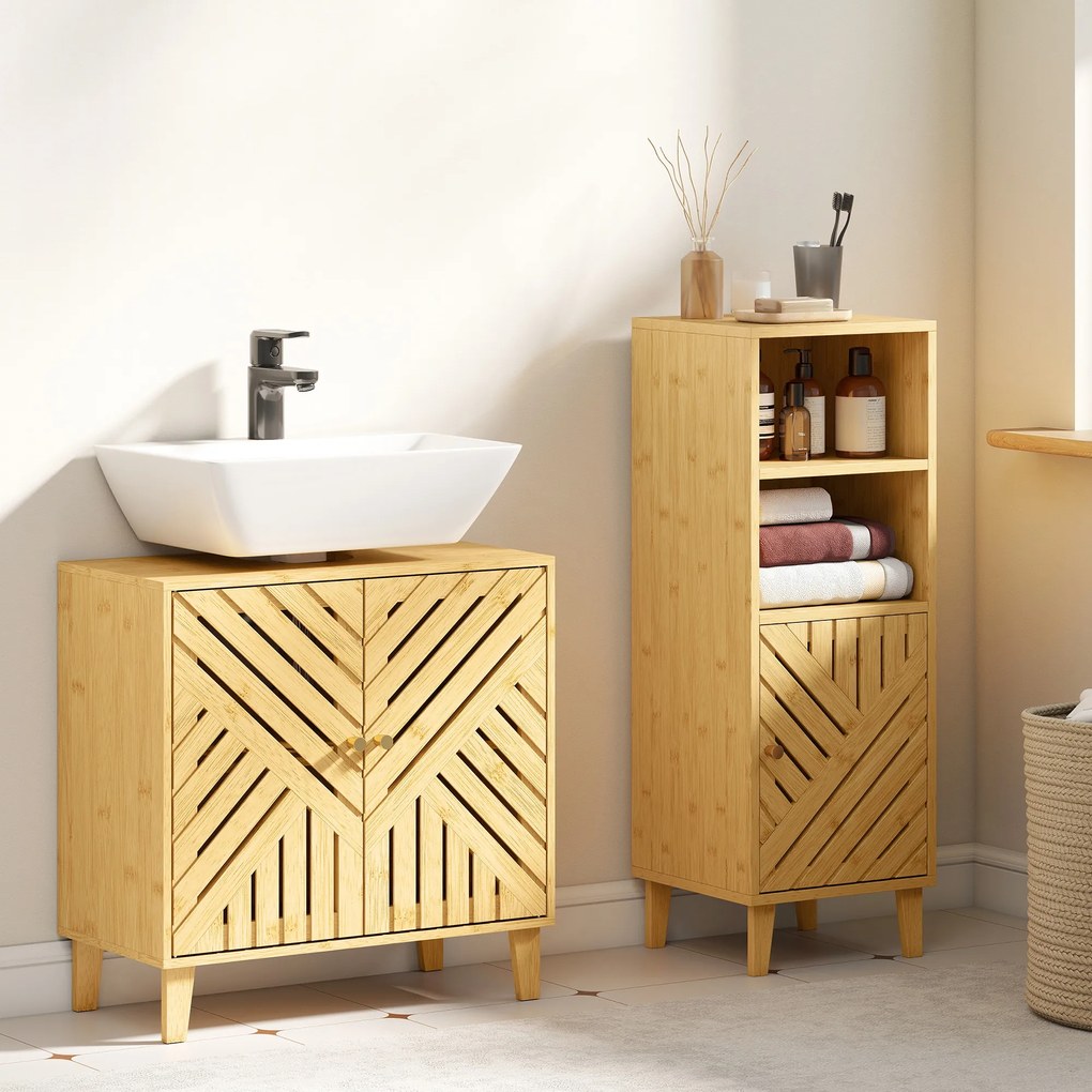 Móvel para Lavatório (NÃO INCLUIDO) Pousar em Bambu com Portas Ripadas Armário de Casa de Banho para Lavatório sem Pedestal 60x30x60 cm Madeira