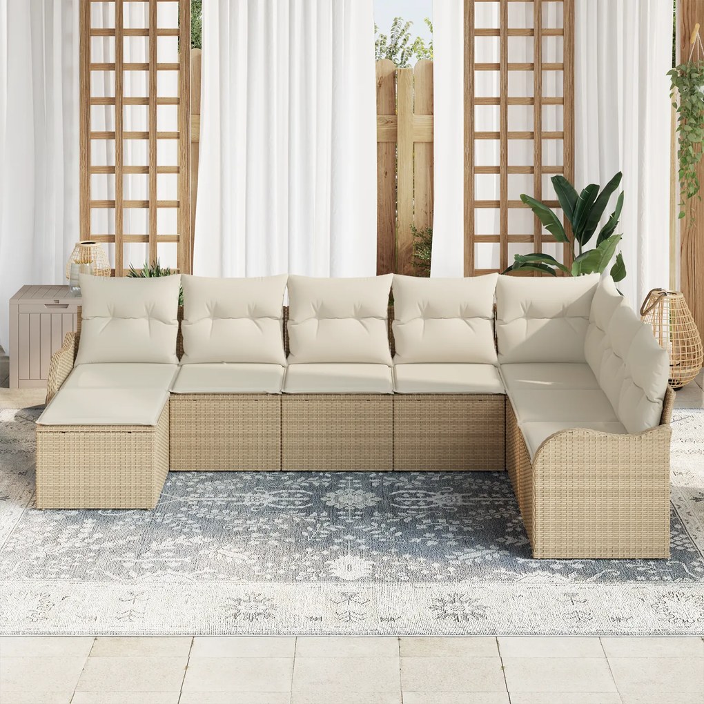 Conjunto de Sofá de Jardim de 8 Peças com Almofadas Bege Vime Poly
