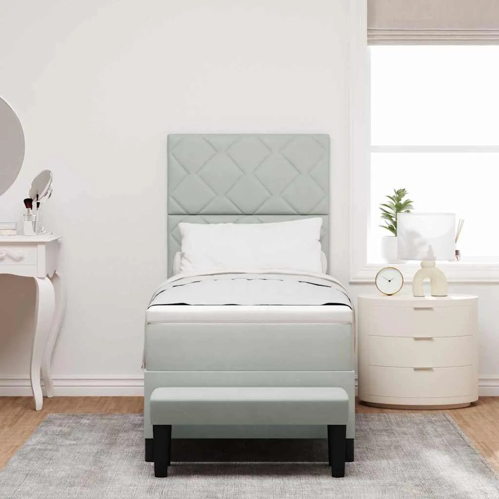 Cama Box Spring com Colchão e Banco Cinza Claro 80x200 cm Veludo