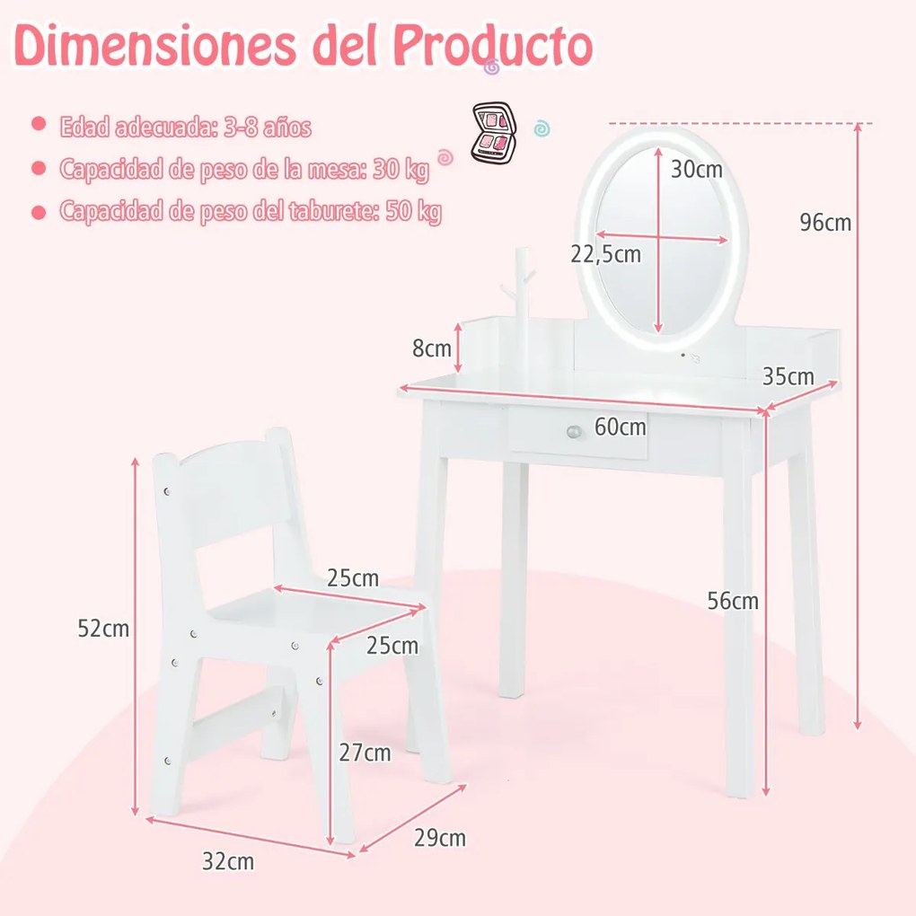 Conjunto de Toucador de Maquilhagem para Raparigas com Espelho Iluminado, Banco, Luz LED Iluminada, 2 Cores, Organizador de Jóias e Gaveta Branca