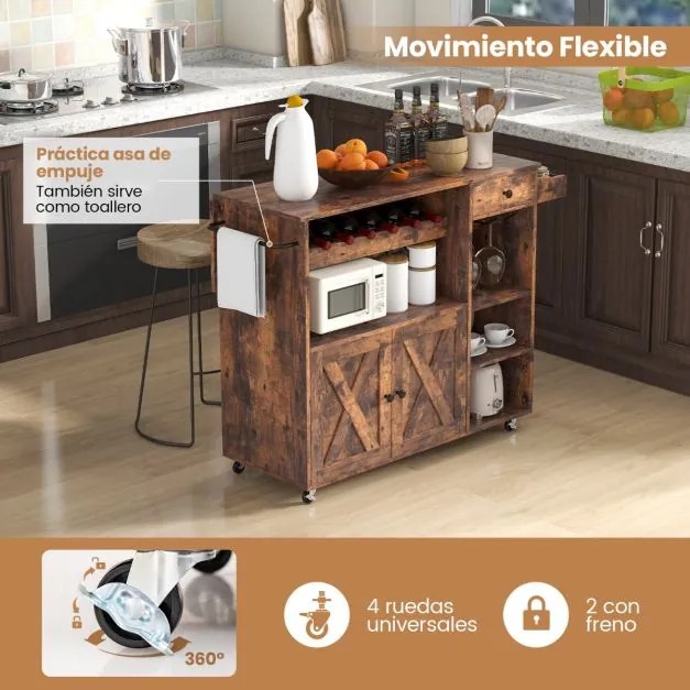 Carrinho de cozinha buffet com rodas Estante de vinho dobrável para copos 121 x 68 x 88 cm Castanho rústico