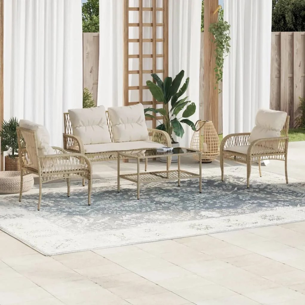 4 pcs conjunto de sofás para jardim c/ almofadões vime PE bege