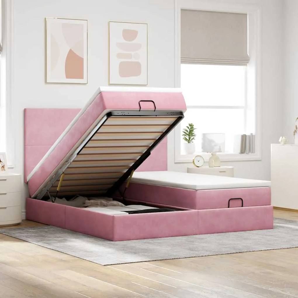 moldura de cama otomana vidaXL com colchão rosa 200x200cm Veludo