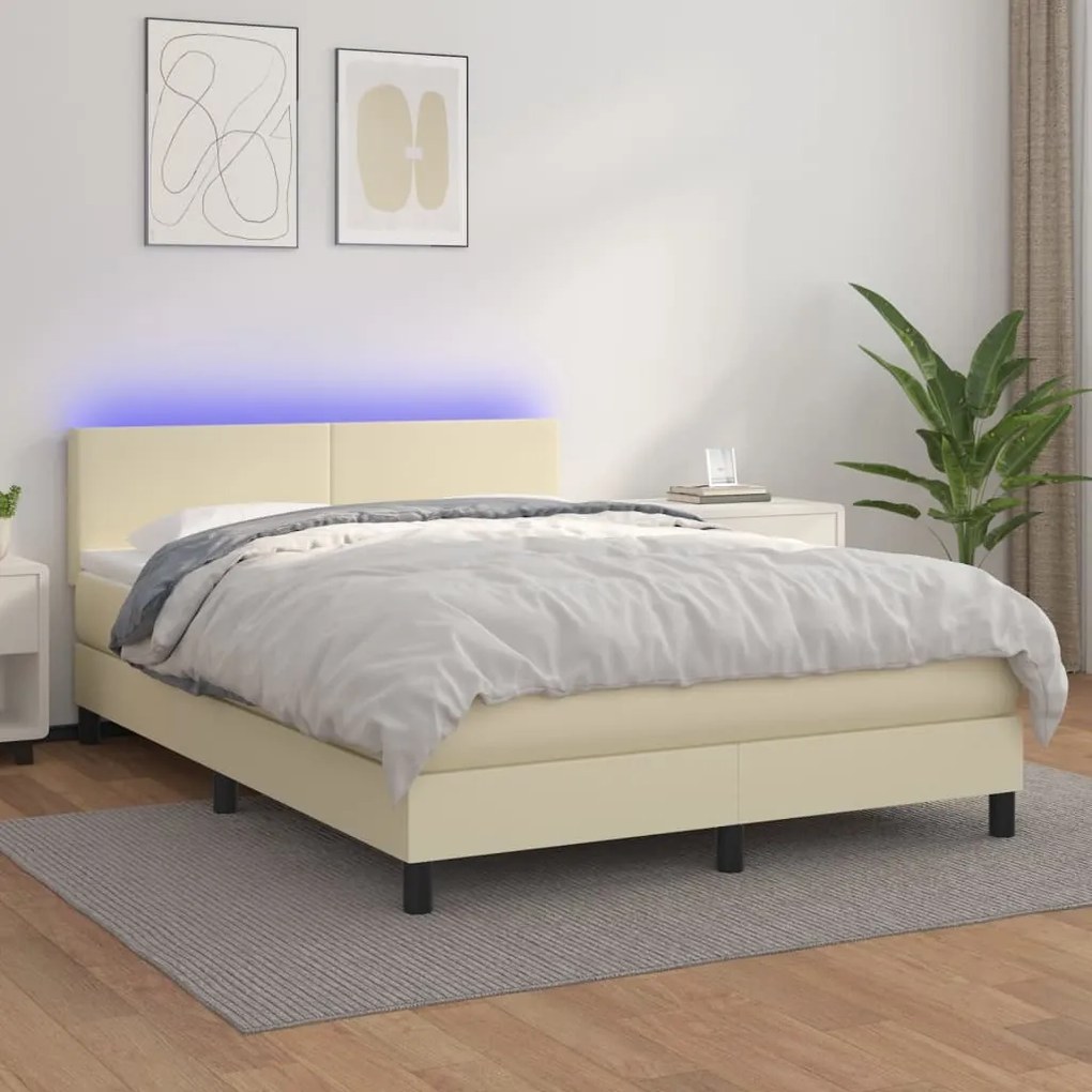 Cama box spring c/ colchão/LED 140x190cm couro artificial creme