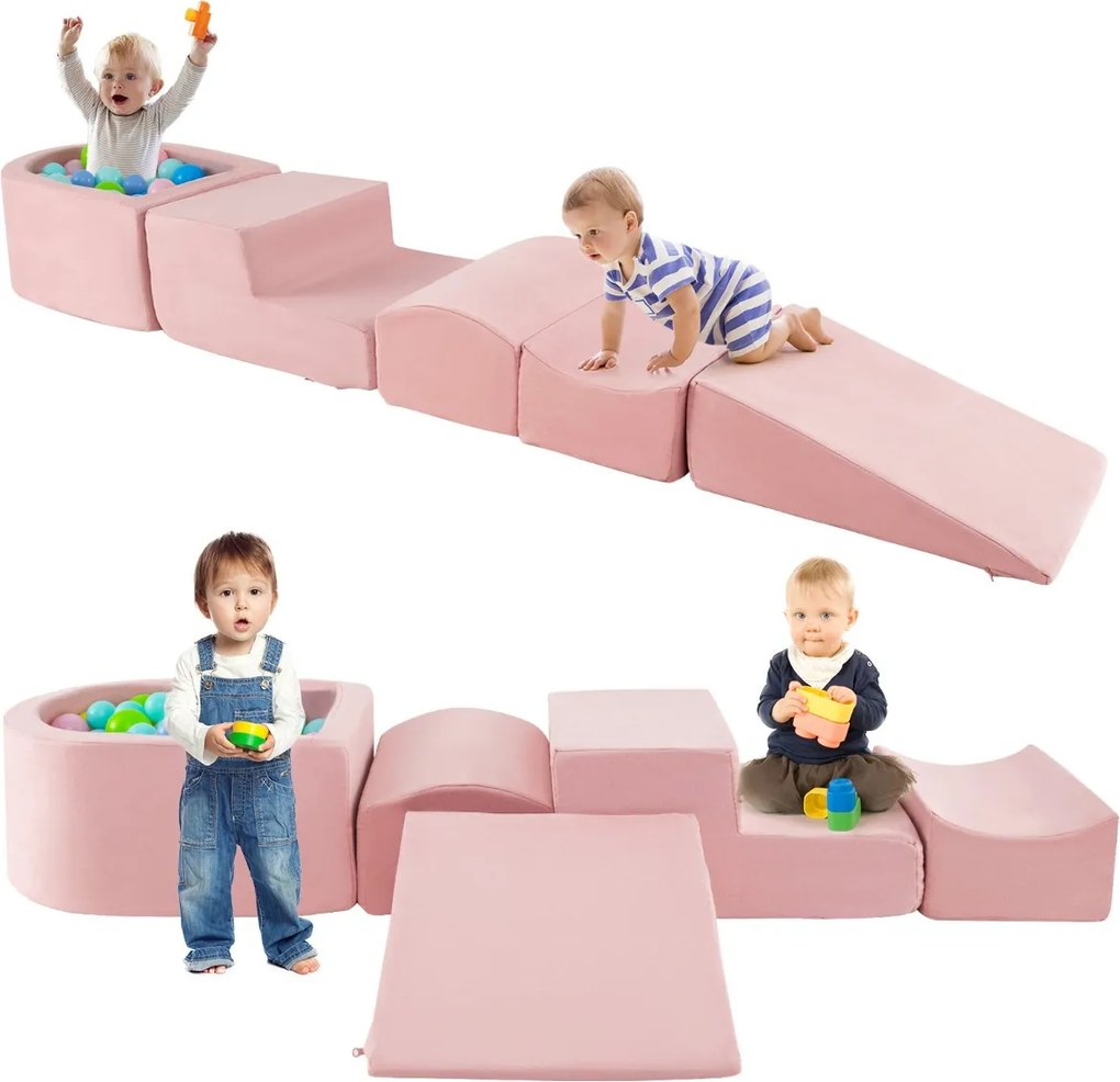 Conjunto de 5 peças para escalada e rampa para crianças Blocos de construção em esponja com piscina de bolas Cobertura lavável Criativa Rosa