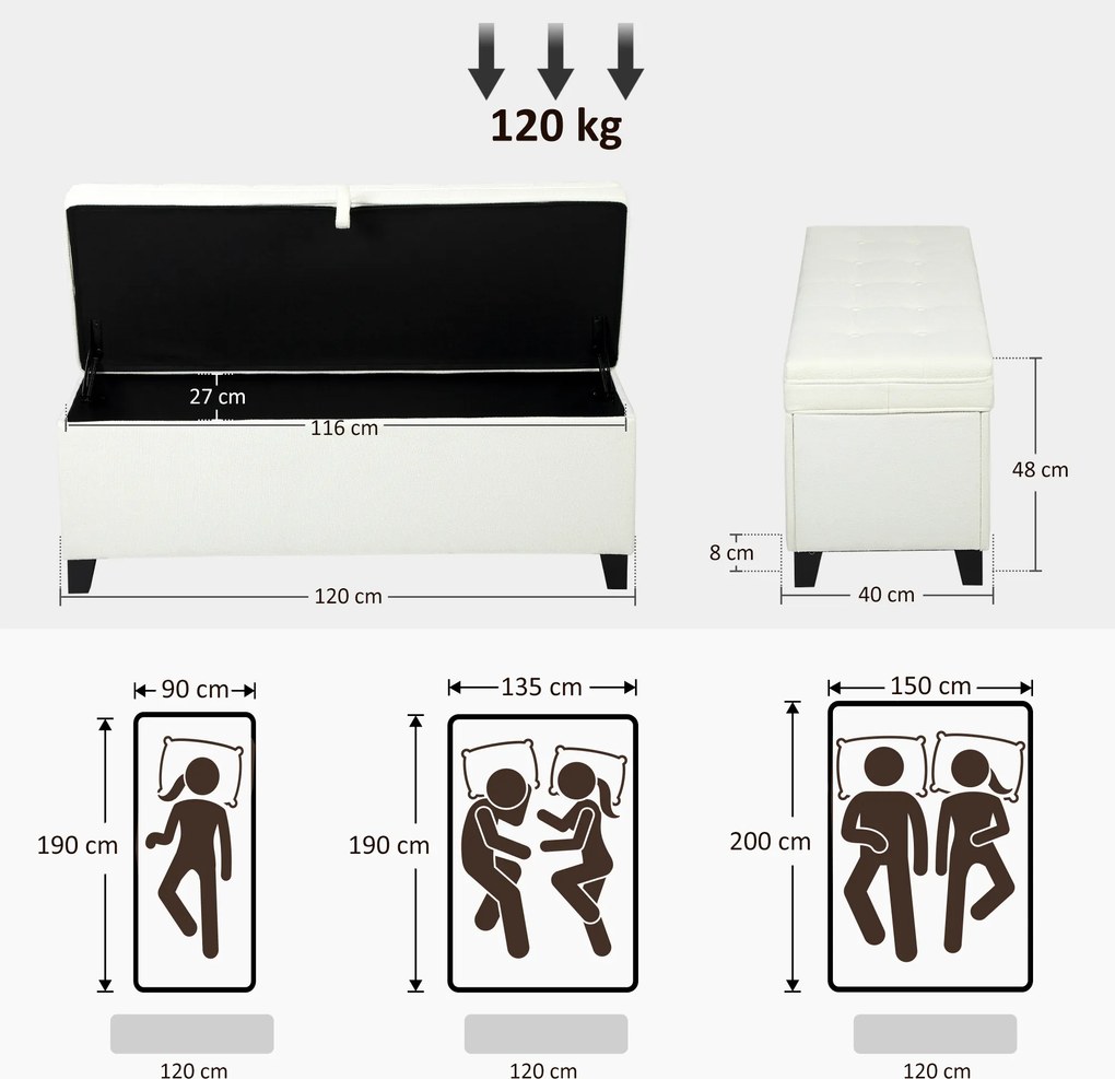 Banco com arrumação de 112 L, 120 x 40 x 48 cm banco de cabeceira em tecido de linho, assento estofado, creme
