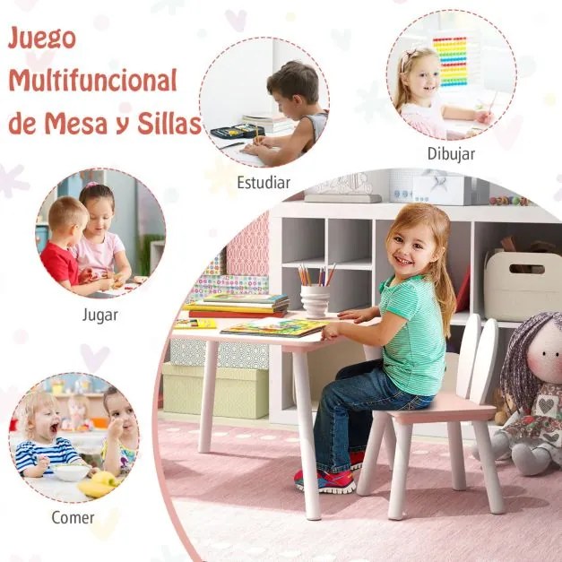 Conjunto de mesa e cadeiras para crianças Mesa quadrada 2 cadeiras desenho coelhos Rosa