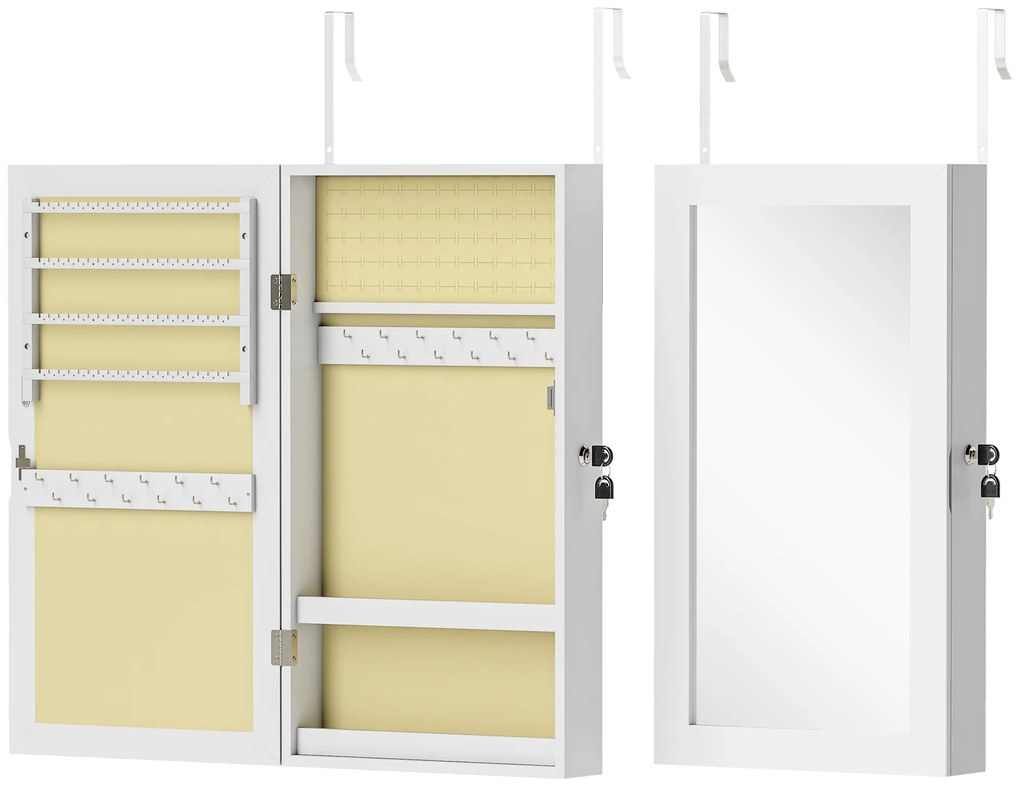 HOMCOM Espelho Joalheiro de Parede Armário para Jóias com Fechadura e Vários Compartimentos para Colares Anéis Pulseiras Branco e Creme | Aosom Portugal