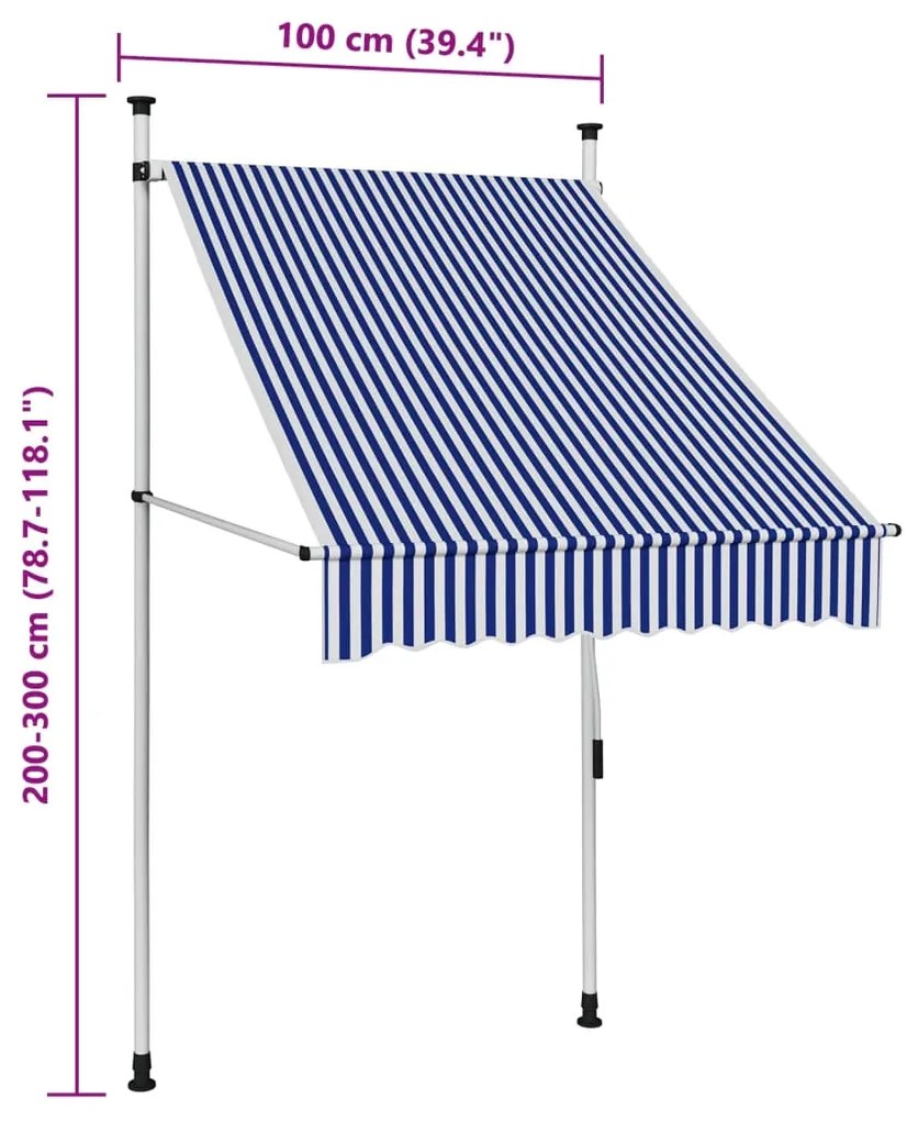 Toldo retrátil manual 100 cm riscas azuis e brancas