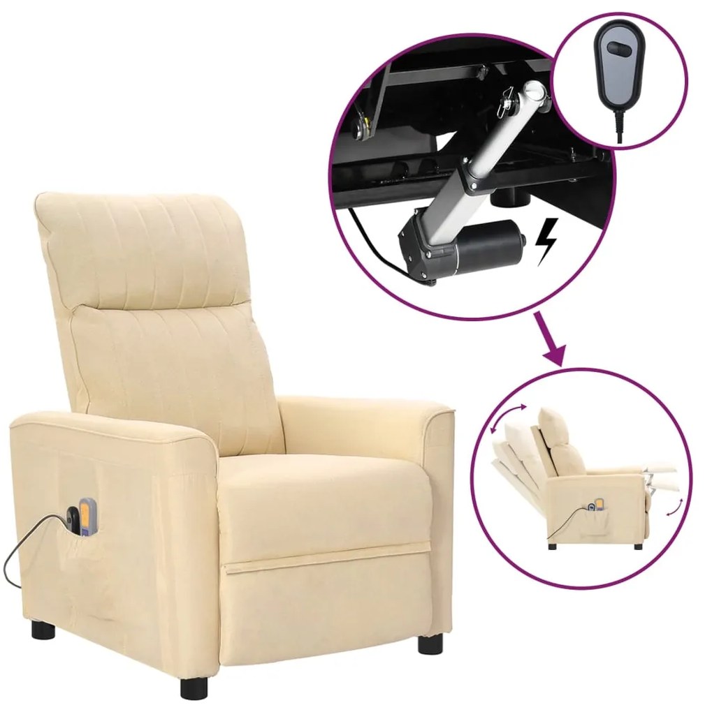 vidaXL Poltrona elevatória de massagens elétrica tecido creme
