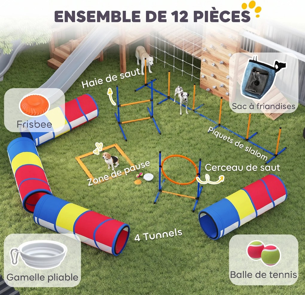 Conjunto de agilidade para cães com 12 peças, 4 túneis, obstáculos ajustáveis, anel, slaloms, 357 x 65 x 68 cm, multicolorido