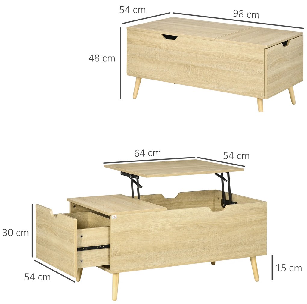 Mesa de Centro Elevável com Gaveta Compartimento Oculto e Pés de Madeira 98x54x48 cm Madeira