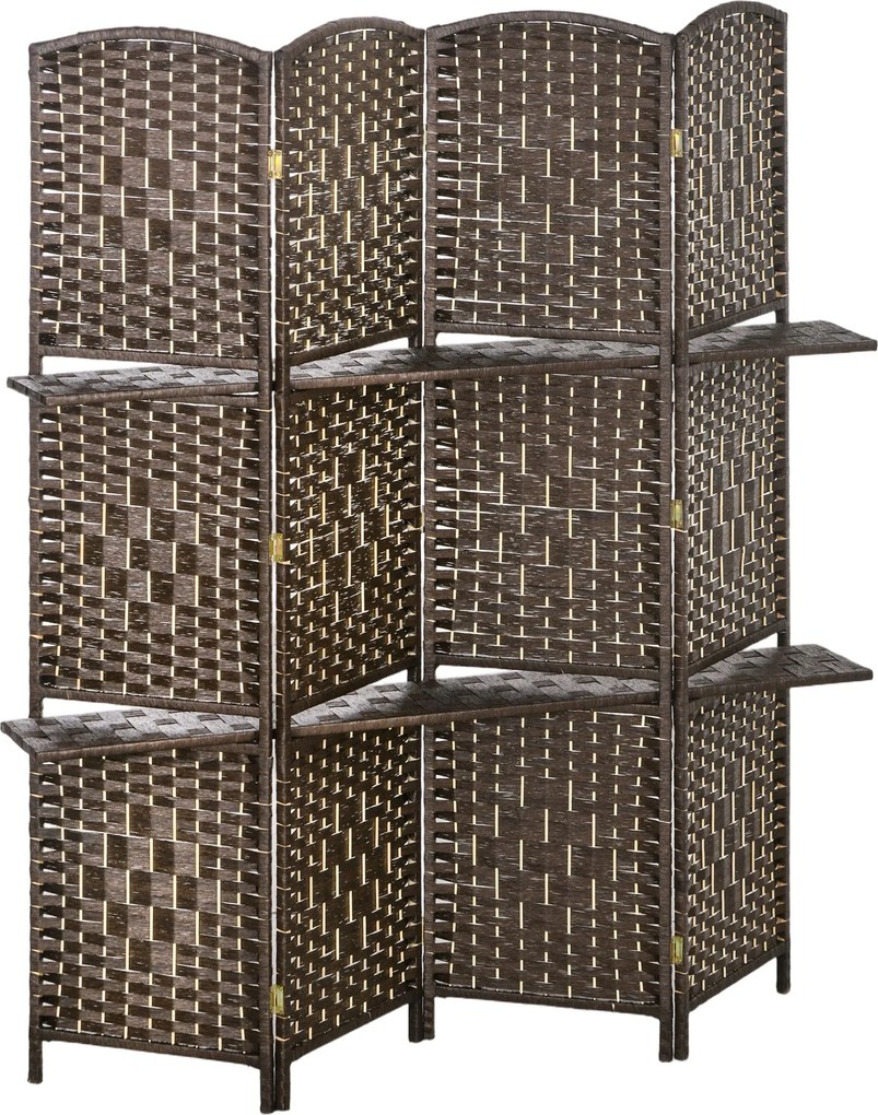 HOMCOM Biombo Separador de Ambientes 4 Painéis 160x170 cm com 2 Prateleiras Dobrável de Fibra de Papel Castanho | Aosom Portugal