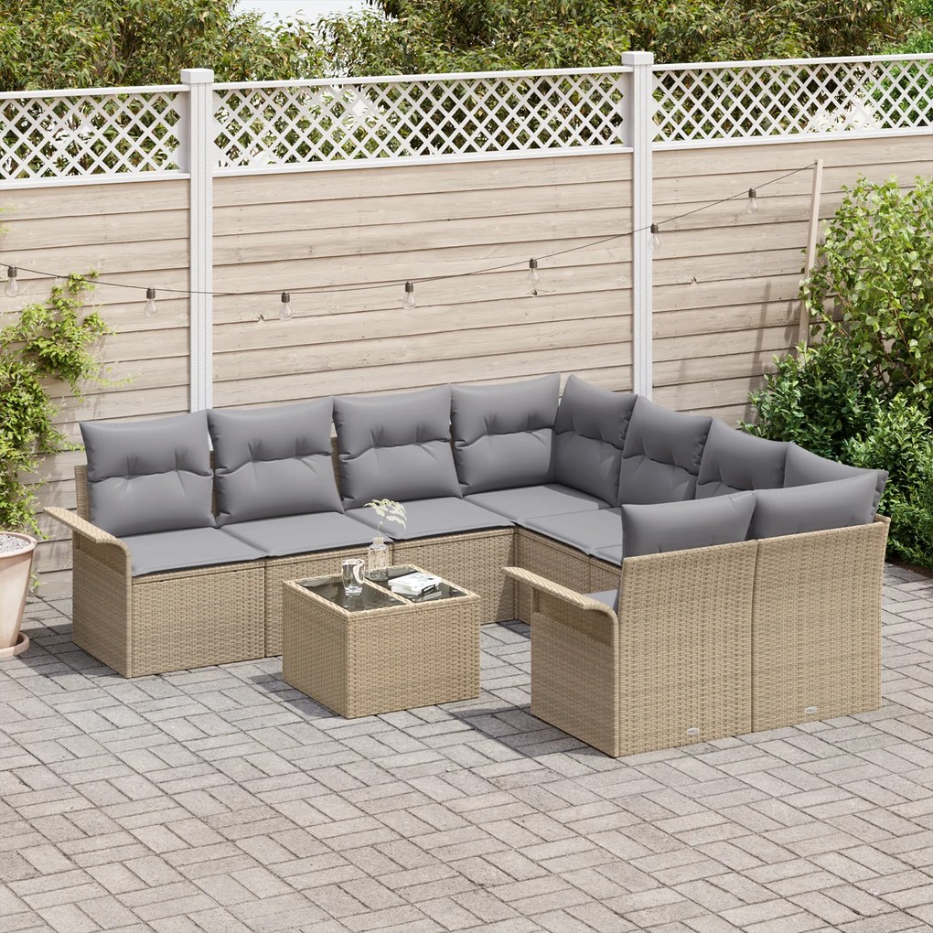 Conjunto de Sofás de Jardim vidaXL de 9 peças com Almofadas Bege Vime