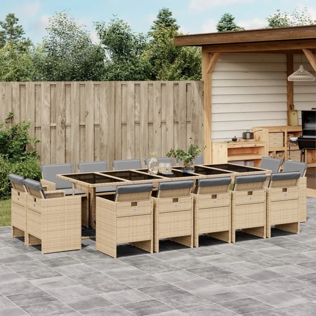 vidaXL 15 pcs conj. jantar jardim c/ almofadões vime PE bege misturado