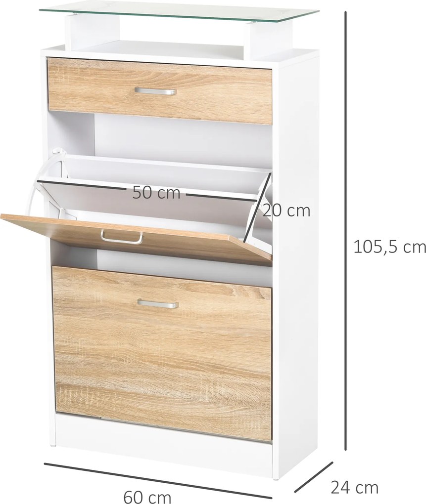 Sapateira de 2 Portas Sapateira Estreito para 12 Pares de Sapatos com Gaveta e Bancada de Vidro  60x24x105,5cm Branco