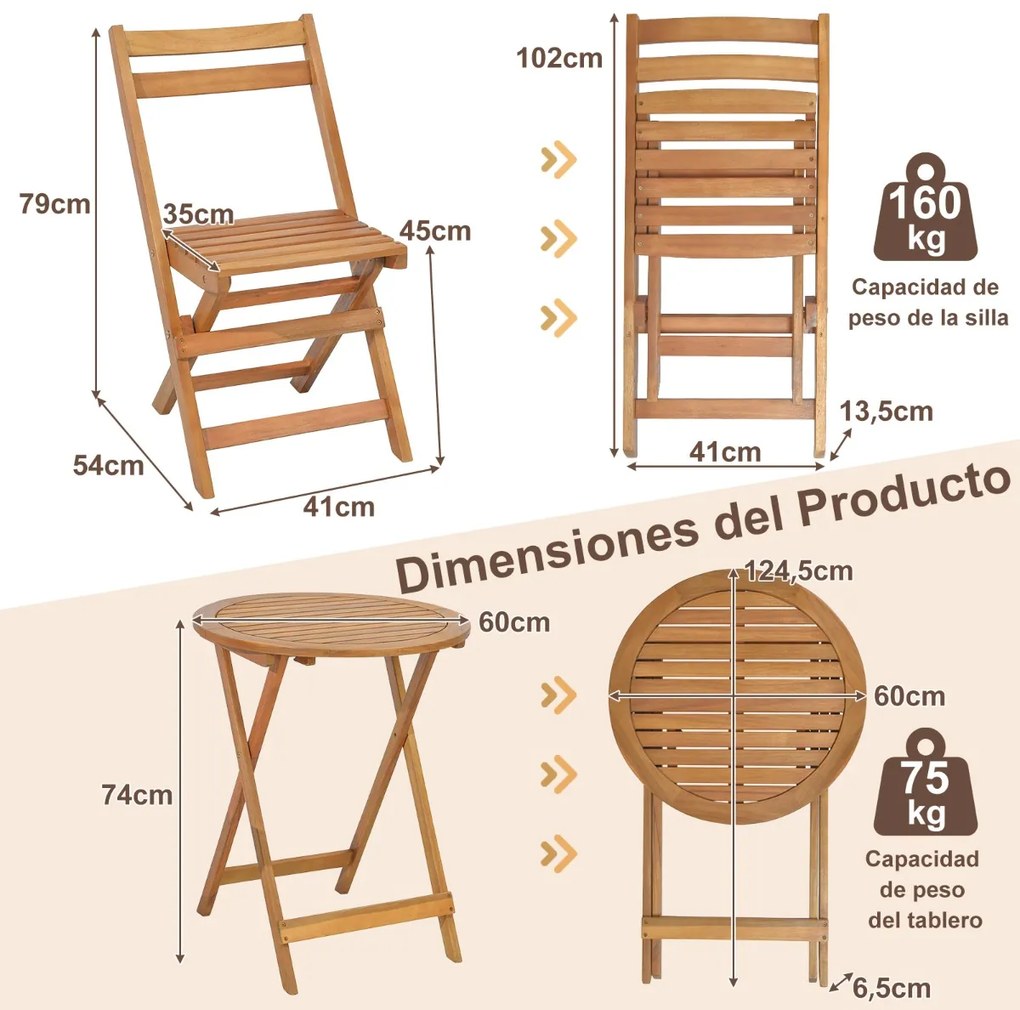 Conjunto de Mesa Redonda e 2 Cadeiras Dobráveis em Madeira de Acácia Mesa e Cadeiras de Interior para Pátio Varanda Jardim Natural
