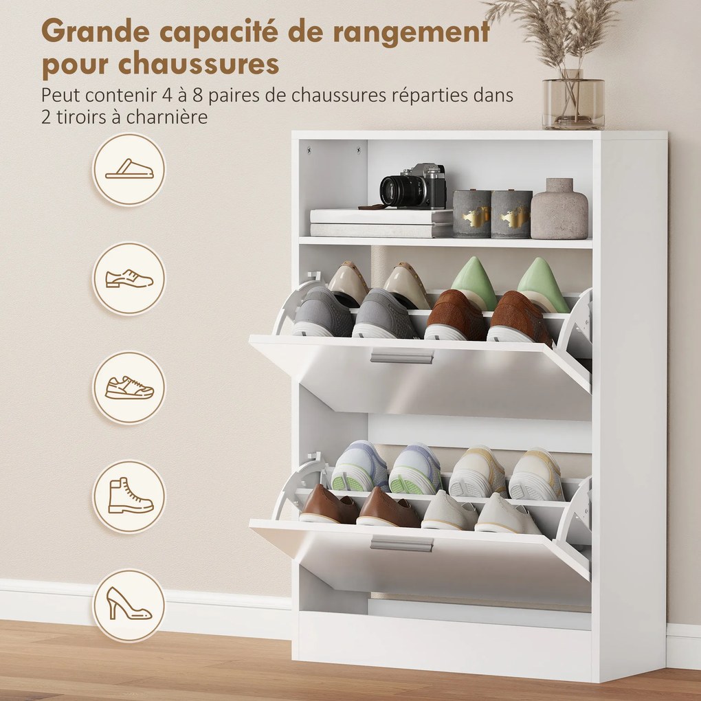 Sapateira com capacidade para 8 pares 59 (L) x 24 (P) x 90 (A) cm, armário para sapatos, 2 gavetas rebatíveis, prateleiras ajustáveis e compartimento,