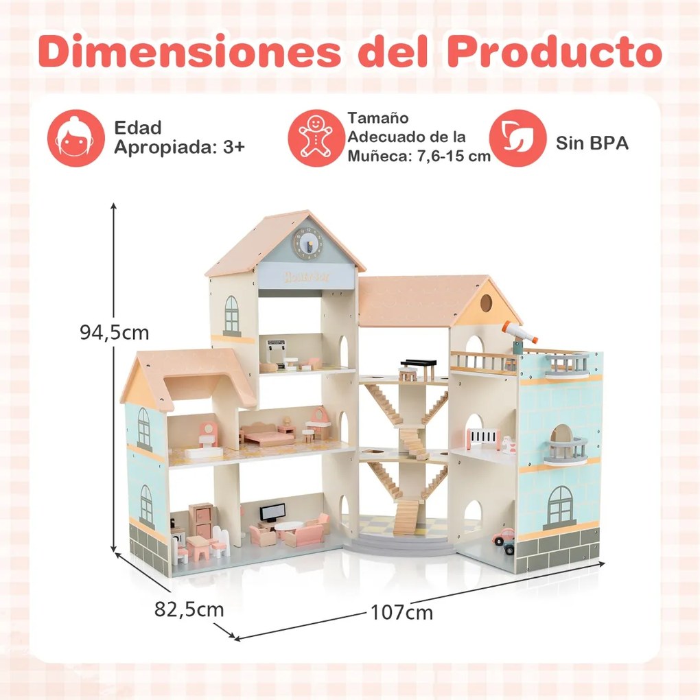 Casa de bonecas de madeira com telhado 82,5 x 107 x 94,5 cm, 41 móveis e acessórios Casa dos sonhos DIY com 3 andares e 6 quartos Laranja