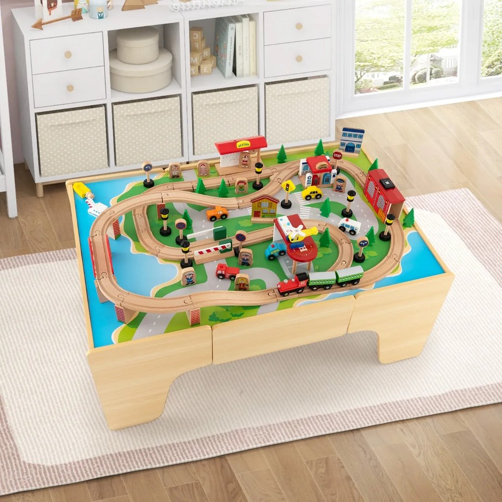 Conjunto de comboio para crianças de madeira maciça com 84 peças, mesa e carris para rapazes e raparigas com mais de 3 anos 97 x 62,5 x 39,5 cm Natura