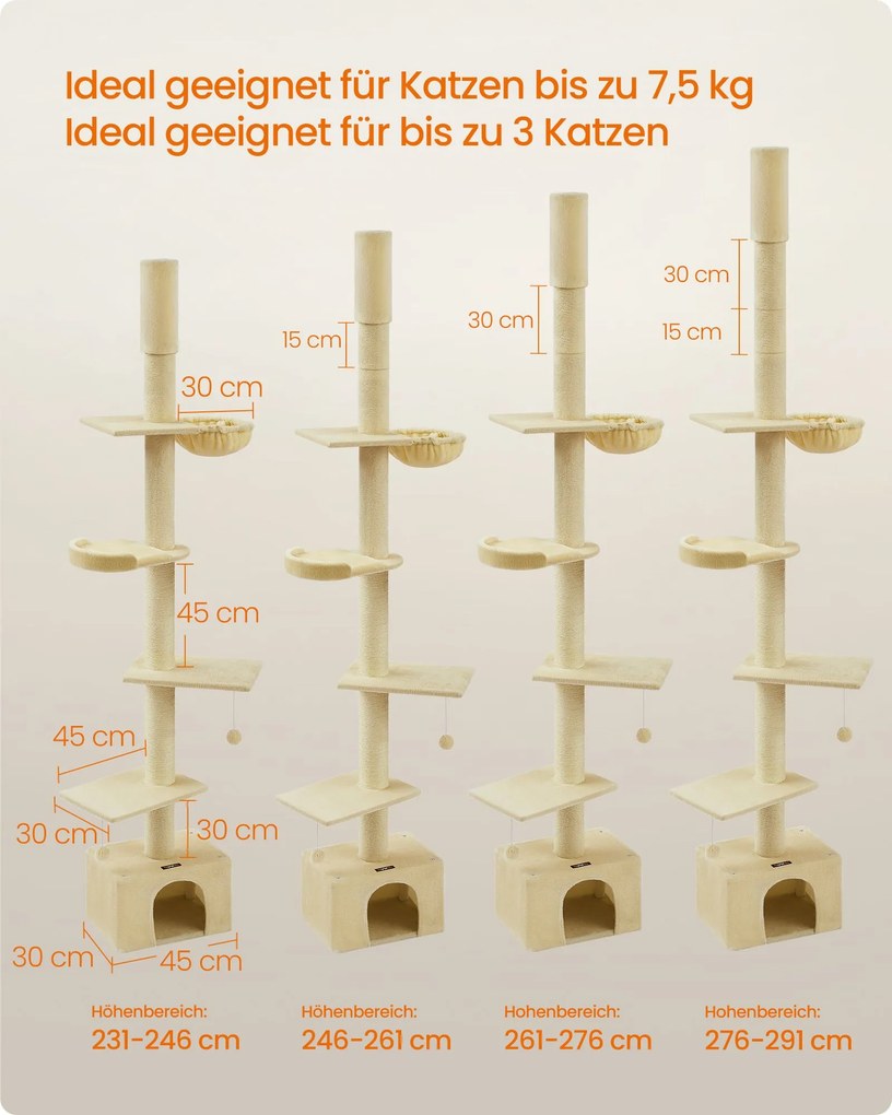 Arranhador para gatos com altura até ao teto 231-291 cm, ajustável em altura, bege