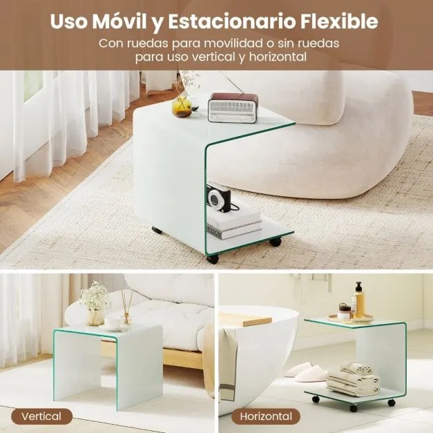 Mesa auxiliar em forma de C em vidro temperado 39,5 x 45 x 48 com prateleira de 2 níveis 4 rodas giratórias bloqueáveis Branco