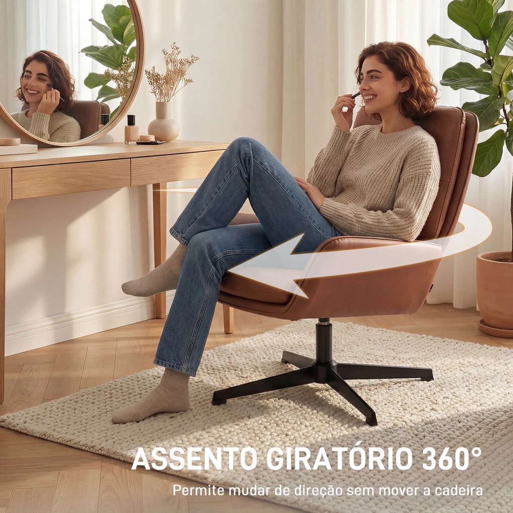 Poltrona de Sala Estofada em PU Poltrona de Leitura com Assento Acolchoado Apoios de Braços Pernas Metálicas Castanho