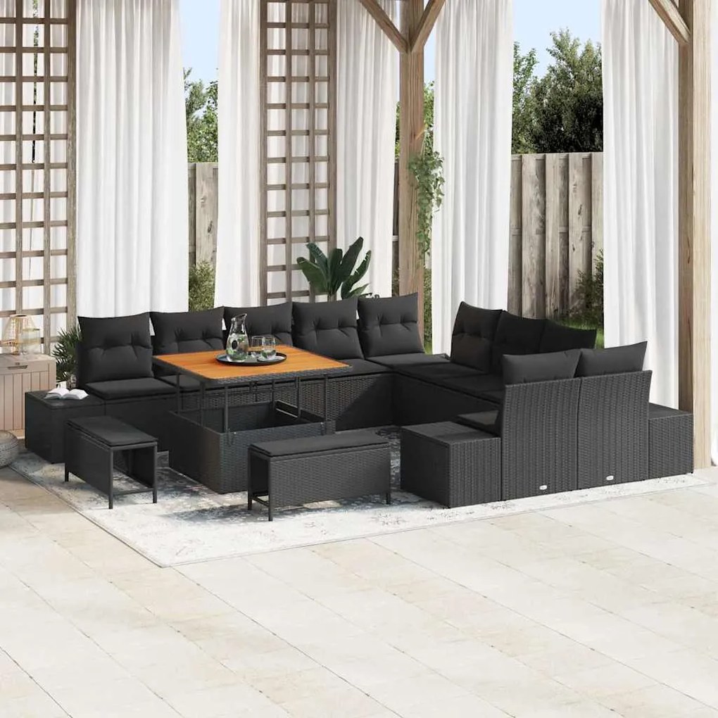 vidaXL Sofá de Jardim Modular de 13 Peças com Almofadas Pretas em Rattan Sintético
