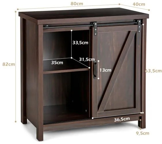 Aparador de madeira 80 x 40 x 82 cm para cozinha com portas de correr e 4 compartimentos cor castanho