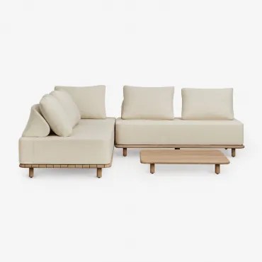 Conjunto De Sala Com Sofá Modular De Canto De 3 Peças E Mesa De Centro 95x95 Cm Em Acácia Portet Marrom Acácia Claro - Sklum