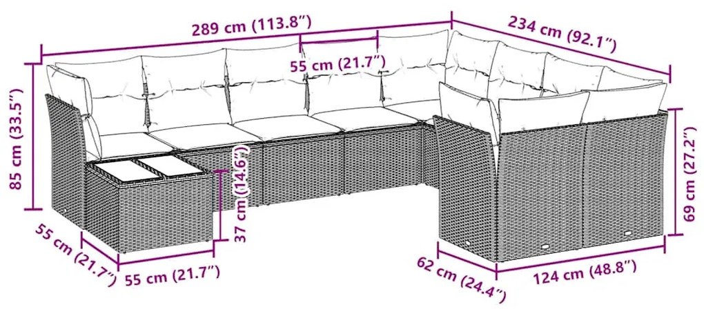 10 pcs conj. sofás jardim com almofadões vime PE cinzento-claro