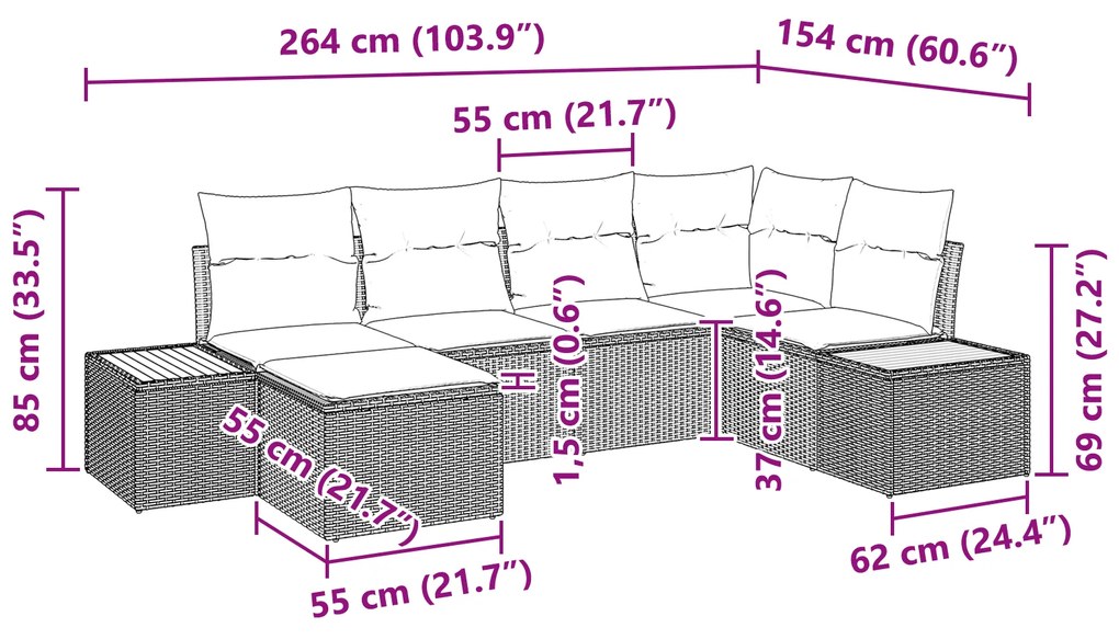 Conjunto de Sofá de 6 Peças para Jardim com Almofadas Preto Vime de Po