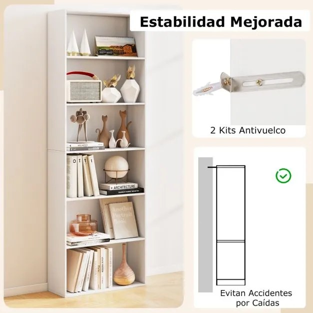 Estante aberta de 6 níveis 60 x 23,5 x 178 cm moderna para sala, quarto ou escritório Branco