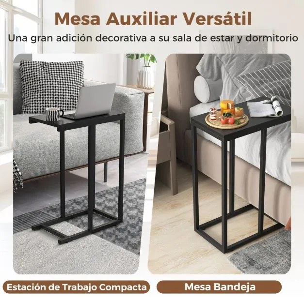 Mesa de apoio em forma de C para sofá e cama Altura 64 cm Mesa de apoio com estrutura metálica para sala de estar Espaços pequenos Preta