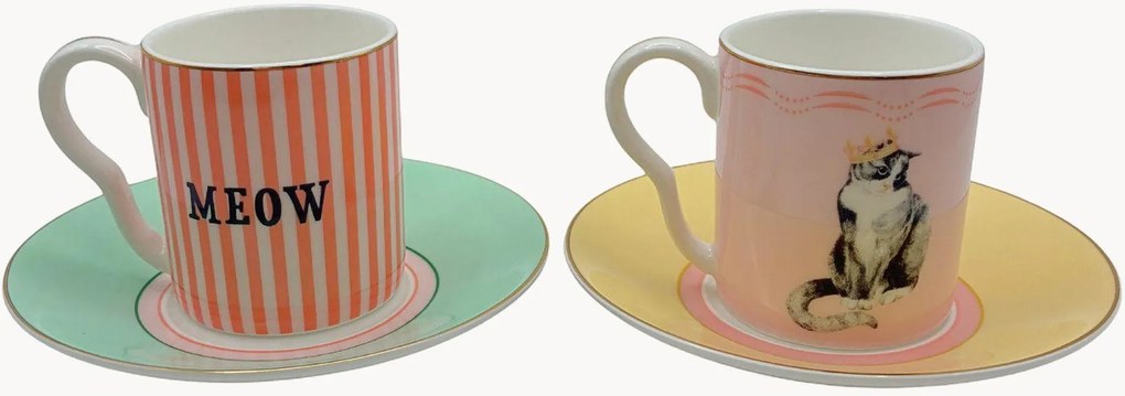 Chávenas e pires em porcelana fine bone china Cat, conjunto de 2