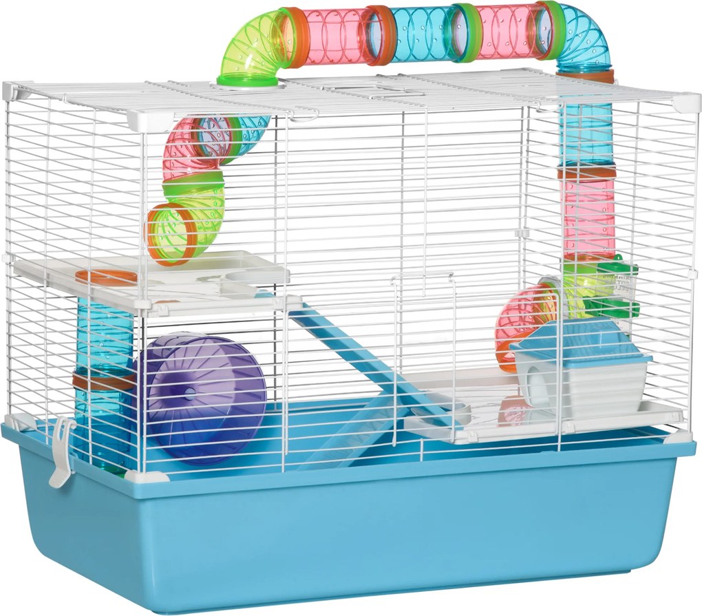 PawHut Gaiola para hamster rato roedor 3 níveis com túnel, bebedouro, roda, casinha, escadas dim. 59L x 36l x 47H cm | Aosom Portugal