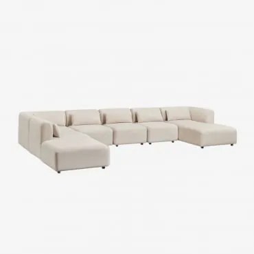 Sofá Modular Chaise Longue Direito De 6 Peças Com Puff Fogler Linho Veludo Bege Linho - Sklum