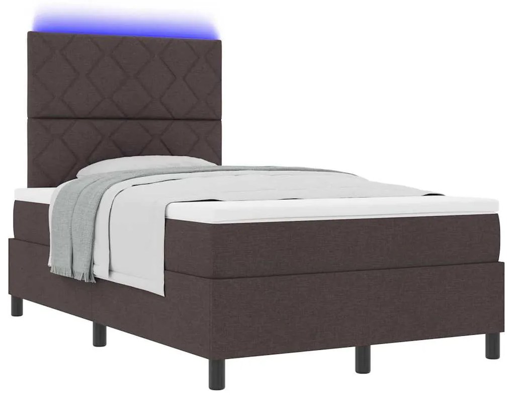 Cama Box com Colchão e LED Castanho Escuro, 120 x 200 cm Tecido