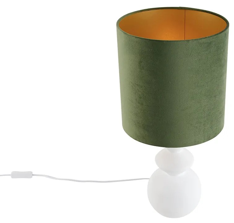 Candeeiro de mesa design com cúpula de veludo branco verde com dourado 25 cm - Alisia Design