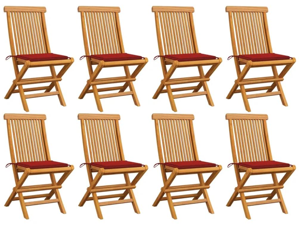 3072923 vidaXL Cadeiras de jardim c/ almofadões vermelhos 8 pcs teca maciça