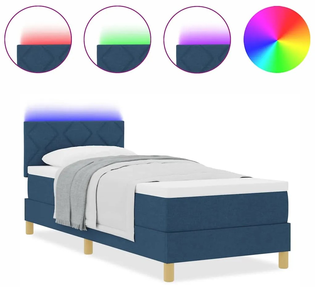 Cama Box Spring com Colchão &amp; LED Azul 80x200 cm Tecido