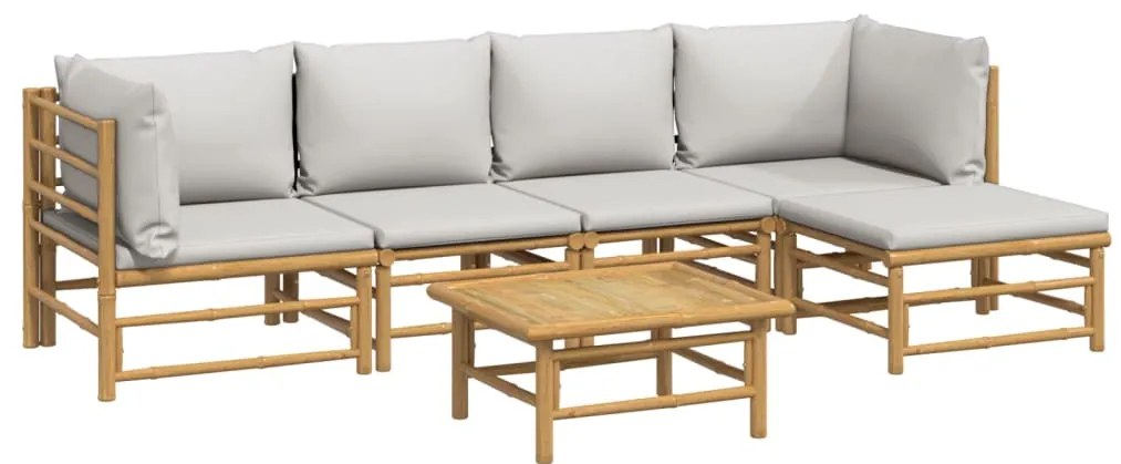 6 pcs conj. lounge de jardim bambu c/ almofadões cinzento-claro
