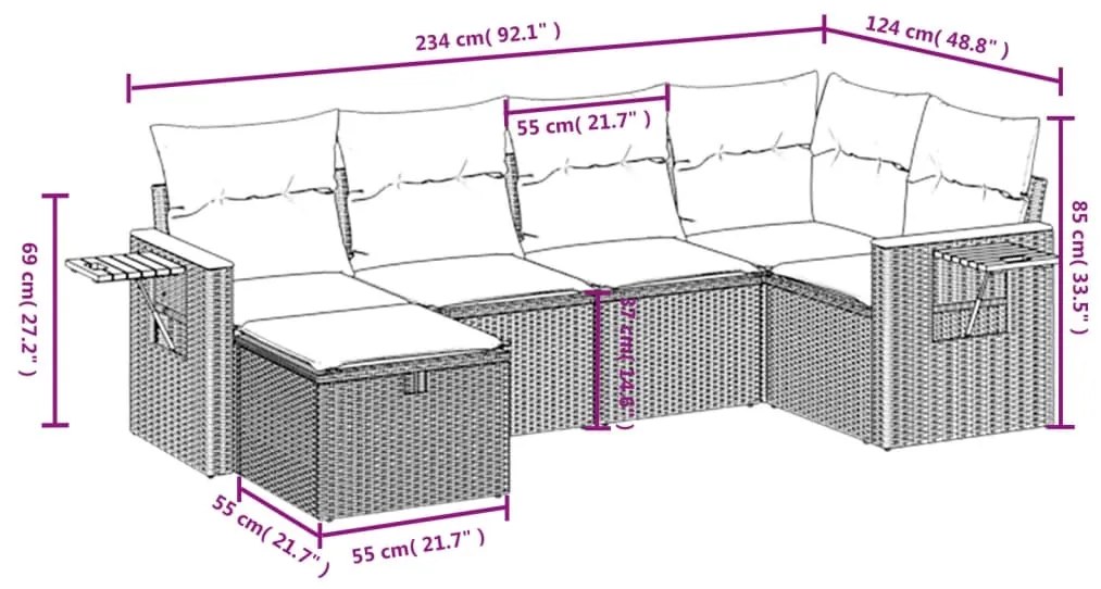 6 pcs conjunto sofás de jardim c/ almofadões vime PE preto