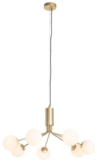 Moderno candeeiro suspenso dourado com vidro opalino 7 luzes - Coby Art Deco