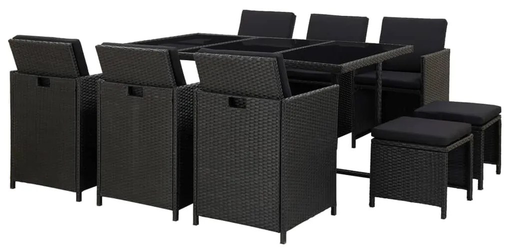 vidaXL 11 pcs conjunto jantar exterior com almofadões vime PE preto