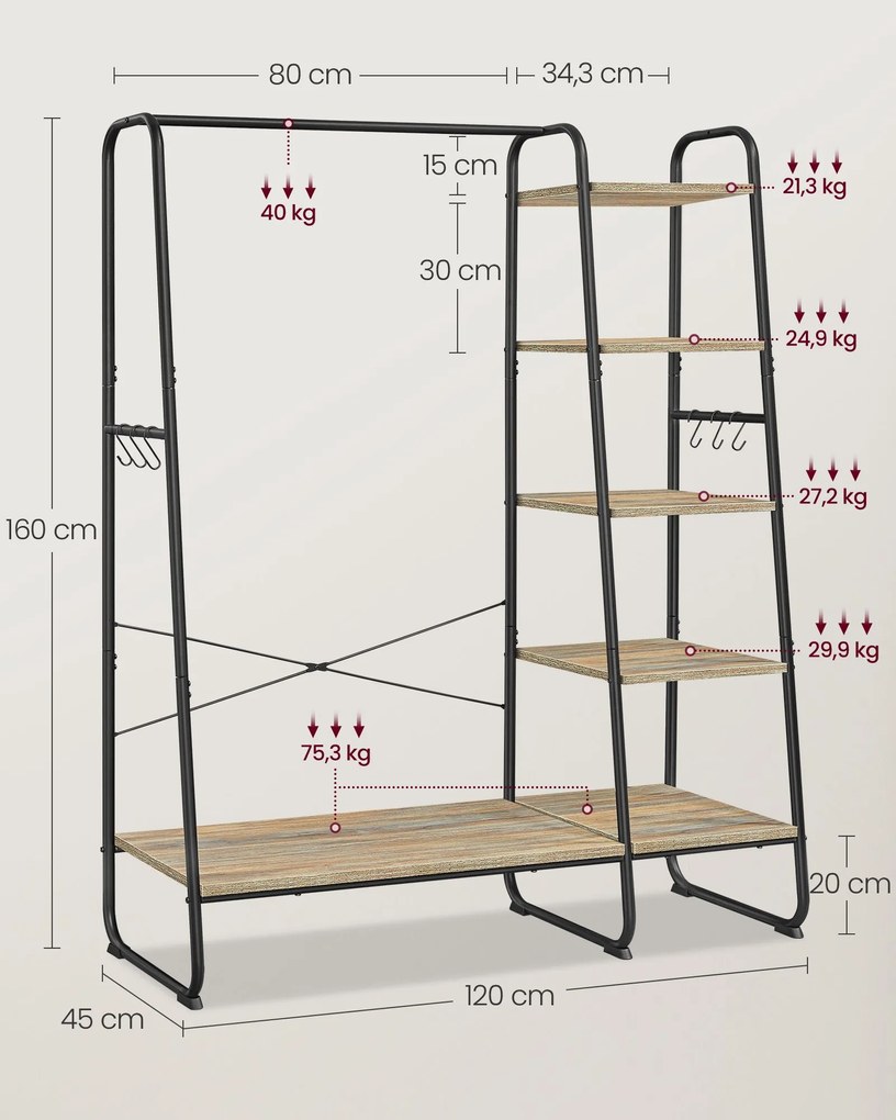 Guarda Roupa Aberto 45 x 120 x 160 cm com 6 ganchos castanho-turquesa preto