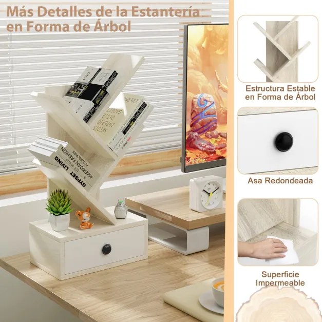 Estante forma de árvore de 5 camadas com gaveta utilitária e suporte para armazenamento de livros pequenos 30 x 17,5 x 60 cm Bege