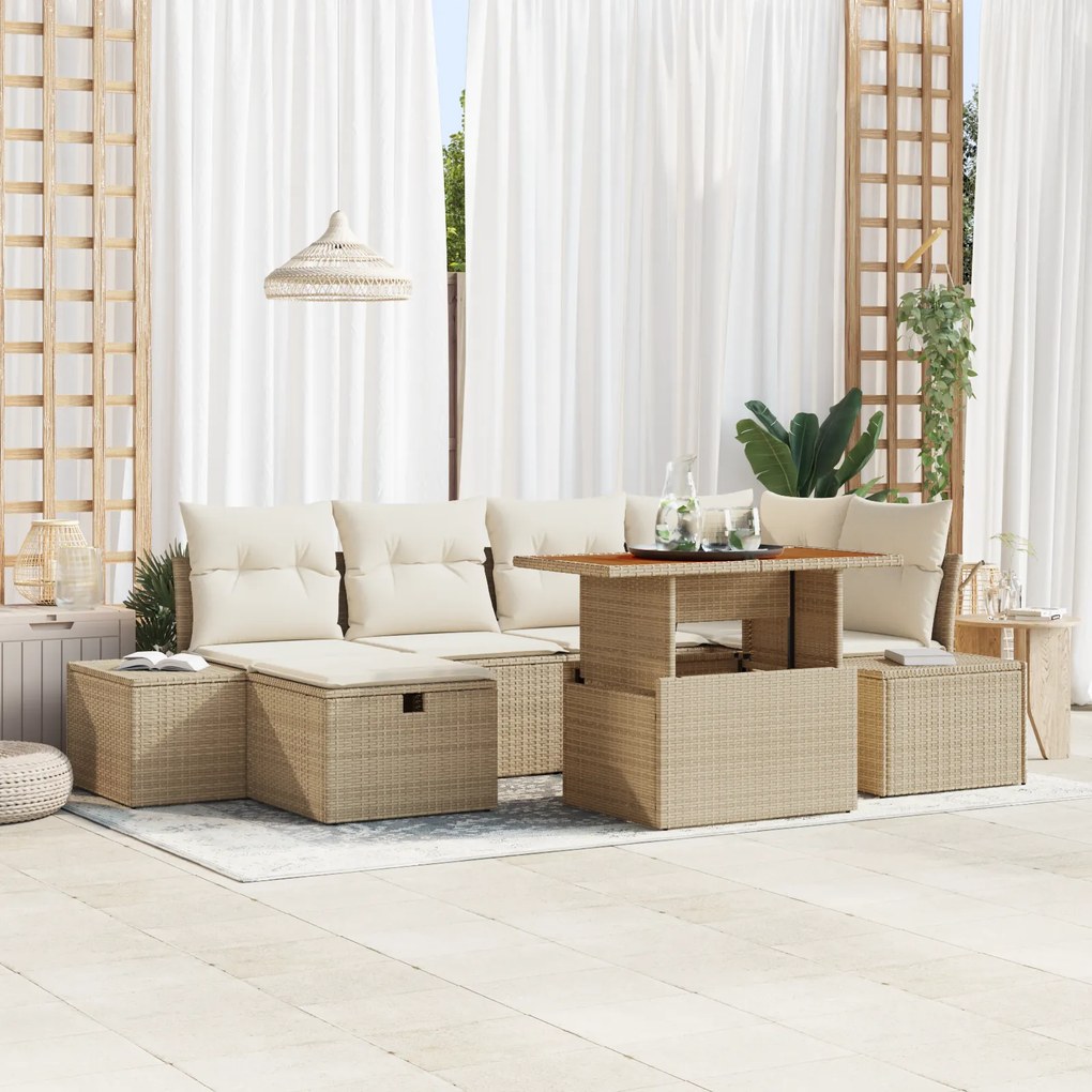 Conjunto de Sofá de Jardim de 7 Peças com Almofadas Bege Vime PE